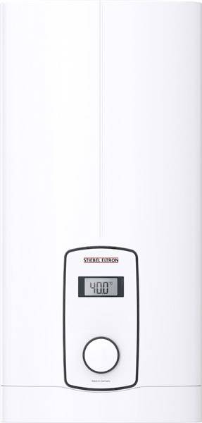 Ein vertikales, weißes Heizgerät mit LCD-Anzeige, das 40,0 °C zeigt und einen Drehknopf darunter besitzt.