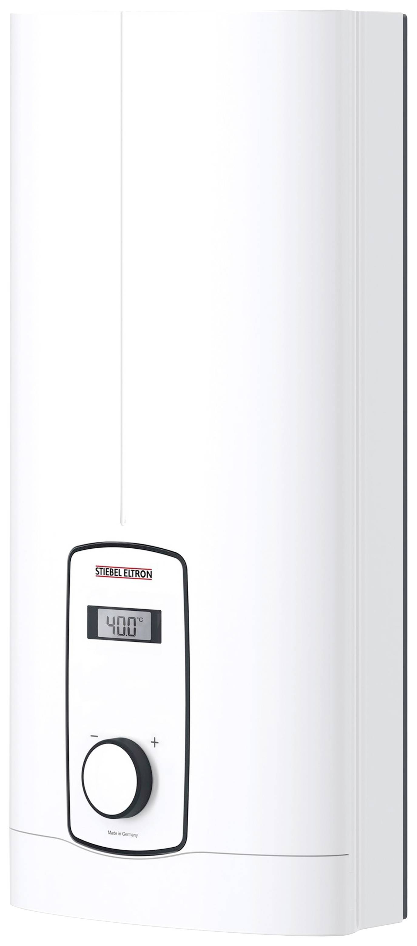 Ein weißer elektrischer Durchlauferhitzer mit digitalem Display zeigt '40°C'. Ein Drehknopf darunter zur Temperatureinstellung.