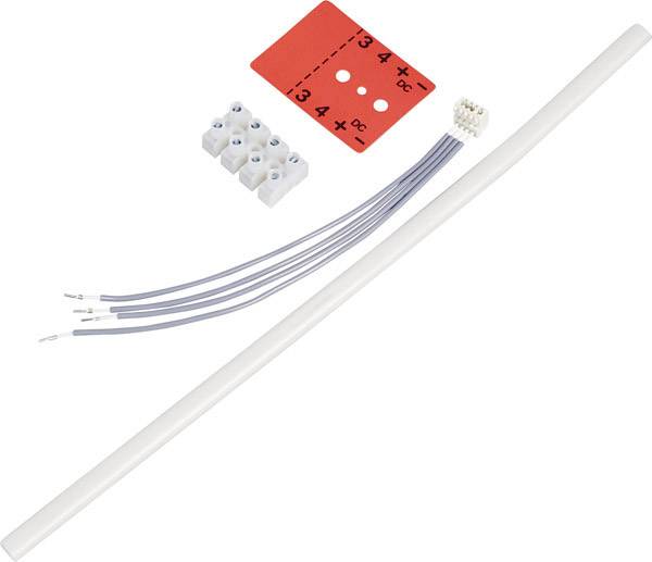 Ein LED-Beleuchtungsset: weiße Leuchte, rote Montagevorlage mit Markierungen, Kabelanschlussblock und drei Kabel.