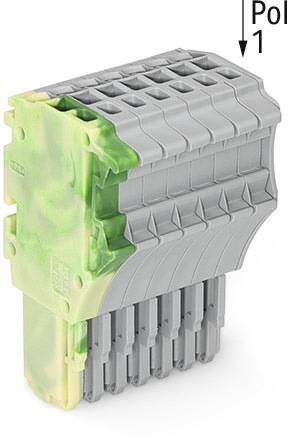 Ein grauer Steckverbinder mit einem gelben und grünen Detail seitlich. Oben rechts steht 'Pol 1'. Hauptsächlich industrielle Komponente.