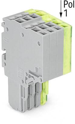 Ein grauer und grüner elektrischer Steckverbinder mit mehreren Anschlüssen, markiert mit 'Pol 1' oben rechts.
