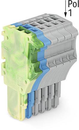 Grauer, rechteckiger Stecker mit mehreren Steckverbindern. Grüne und blaue Akzente an der Seite. Oben rechts kleiner Text 'Pol 1'.