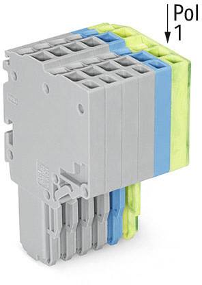 Modularer Steckverbinder mit sechs Polen in grau, blau und grün. Oben rechts steht 'Pol 1'. Geeignet für industrielle Anwendungen.