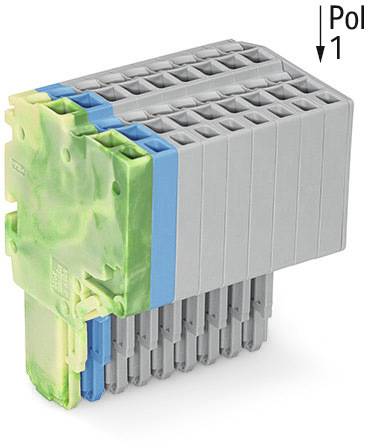 Ein elektrischer Steckverbinder mit mehreren Steckplätzen, farbig kodiert in Gelb, Grün und Blau, enthält die Bezeichnung 'Pol 1'.