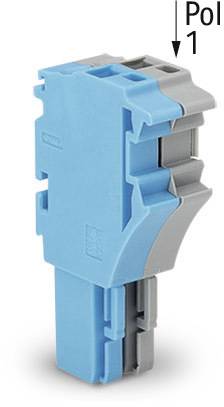 Ein blauer und grauer elektrischer Steckverbinder mit der Aufschrift 'Pol 1' und einem Pfeil nach oben.