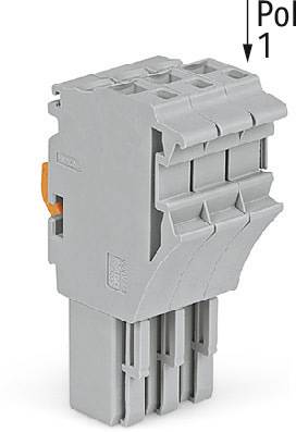 Ein grauer elektrischer Steckverbinder mit mehreren Anschlüssen. Ein orangefarbener Hebel an der Seite dient zur Befestigung.