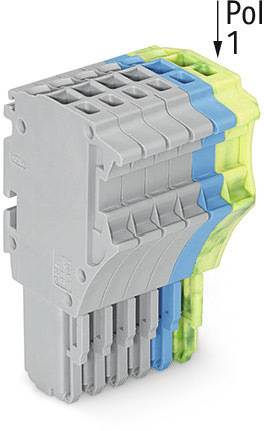Ein grauer, mehrfarbiger elektrischer Steckverbinder mit sechs Anschlussstellen, nummeriert mit 'Pol 1' oben rechts.