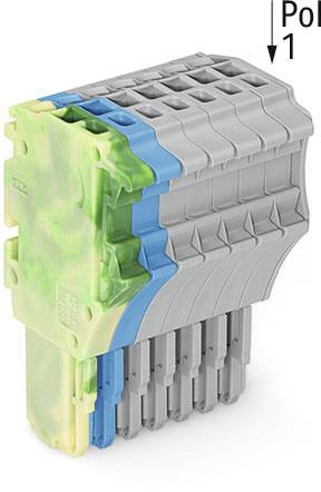 Polygonförmiger, mehrfarbiger Steckverbinder aus Kunststoff, bestehend aus grau, blau und grün gefärbten Segmenten.