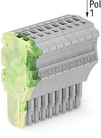 Grauer und grüner elektrischer Steckverbinder, oben mit der Beschriftung 'Pol 1'.