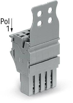 Ein grauer elektrischer Steckverbinder mit mehreren Anschlüssen und einer flachen Halterung. Aufschrift: 'Pol 1'.
