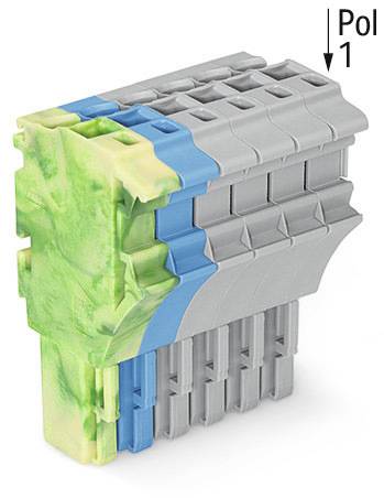 'Pol 1' Steckverbinder mit grauen, blauen und grünen Teilen. Vertikale Ansicht zeigt Anschlüsse oben und unten.