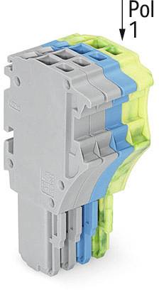 Ein mehrfarbiger Steckverbinder mit verschiedenen Ebenen in Grau, Blau und Gelb. Text 'Pol 1' zeigt die Ausrichtung.