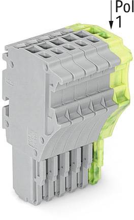 Steckerblock, grau mit gelbem Element, zeigt Anschlussstellen. Hinweis 'Pol 1' oben rechts.