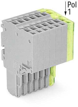 Ein grauer elektrischer Steckverbinder mit mehreren Anschlusspunkten und einer markierten Position 'Pol 1' rechts oben.