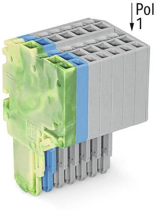 Ein mehrpoliger, modularer Steckverbinder in Grautönen mit blauen und grünen Abschnitten. Ein Pfeil markiert 'Pol 1'.