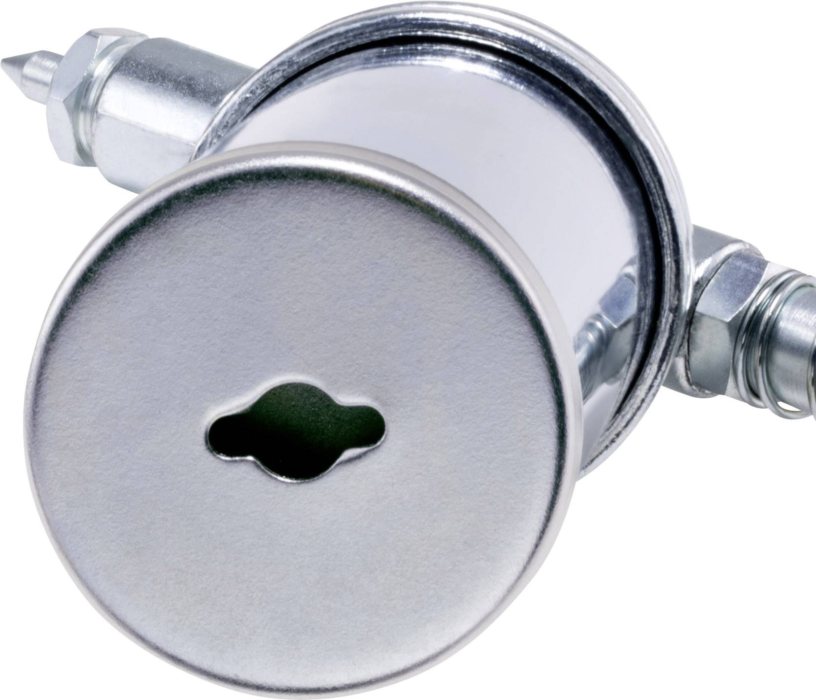 Ein glänzendes Metallteil mit einer runden Abdeckung und einem tropfenförmigen Loch. Es scheint mechanisch oder funktional zu sein.