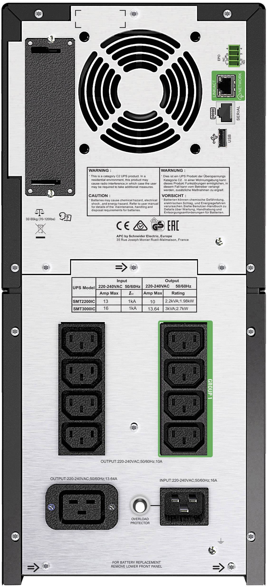 Ein Server oder UPS-Rückseite mit Lüfter, Anschlussports, mehrere Stromanschlüsse und Sicherheitshinweisen, geeignet für IT-Strukturen.