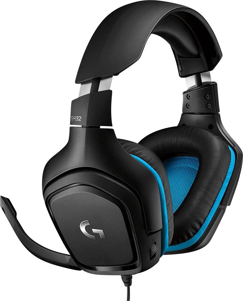 Schwarzes Gaming-Headset mit blauen Ohrpolstern und Bügelmikrofon, Modell 'G432', aus dem Hause Logitech.