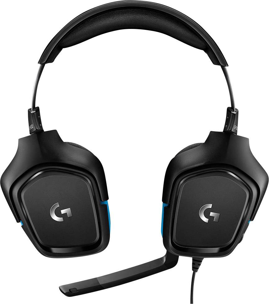 Schwarzes Gaming-Headset mit Mikrofon, gepolstertem Kopfbügel, blauem Akzent und Markenlogo auf den Ohrmuscheln.