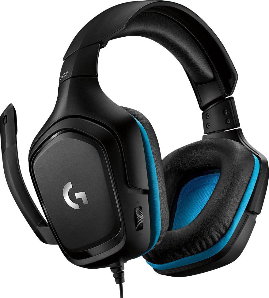 Gaming-Headset mit Mikrofon, schwarz mit blauen Ohrpolstern. Markenlogo auf der Ohrmuschel sichtbar. Ideal zum Eintauchen in Spiele.