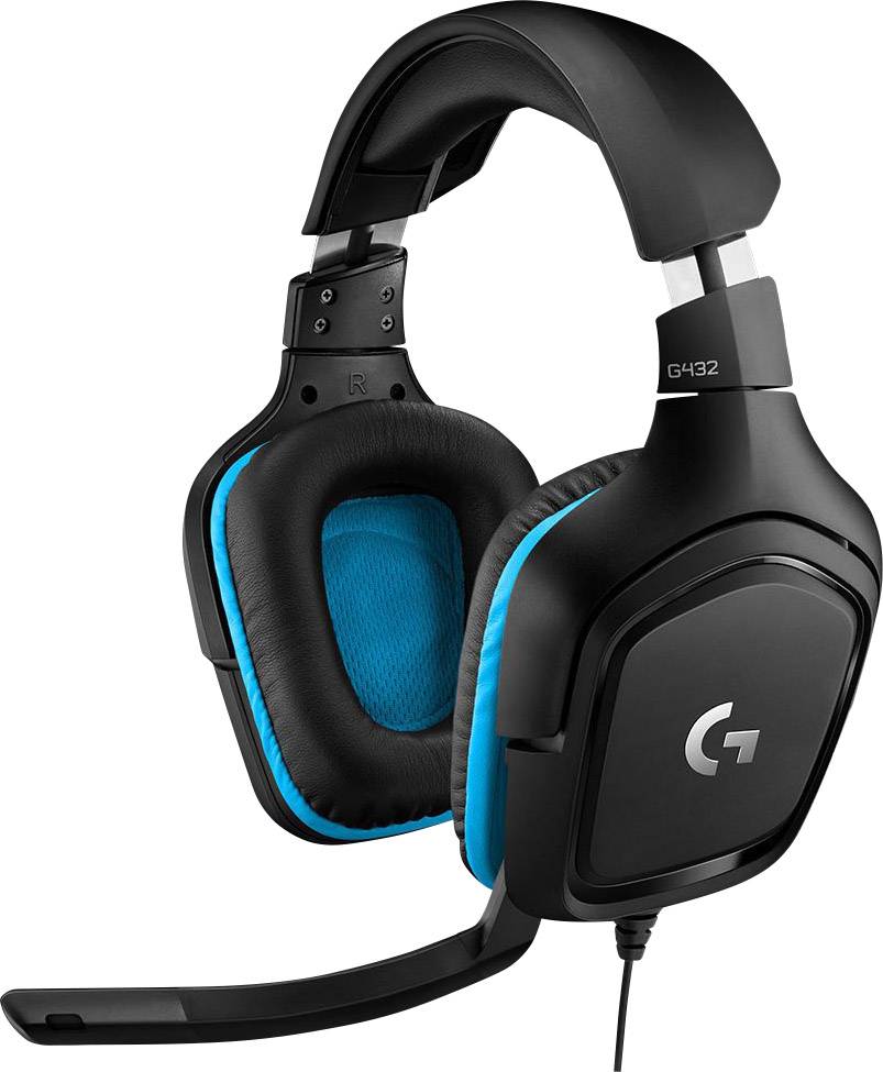 Schwarze Gaming-Headsets mit blauen Ohrpolstern und einem Mikrofonarm. Modell: G432. Geeignet für PC und Konsole.