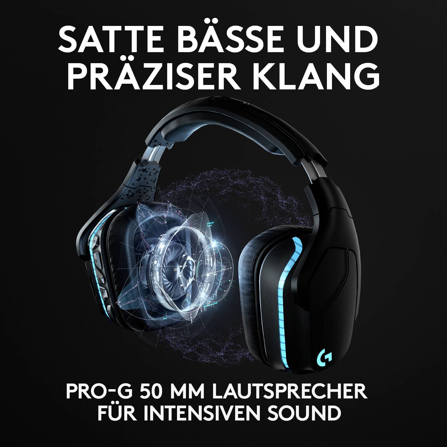 Kopfhörer mit schwarzem Design und blauem Licht. Text: 'Satte Bässe und präziser Klang', 'Pro-G 50 mm Lautsprecher für intensiven Sound'.