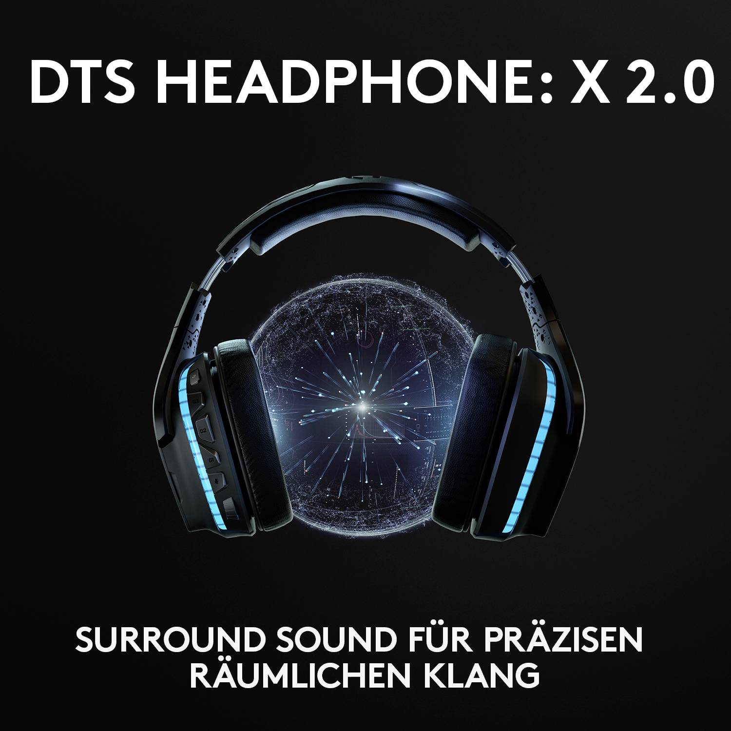 Kopfhörer mit Text 'DTS Headphone: X 2.0'. Highlightet Surround-Sound für präzisen räumlichen Klang. Hintergrund zeigt sphärisches Muster.