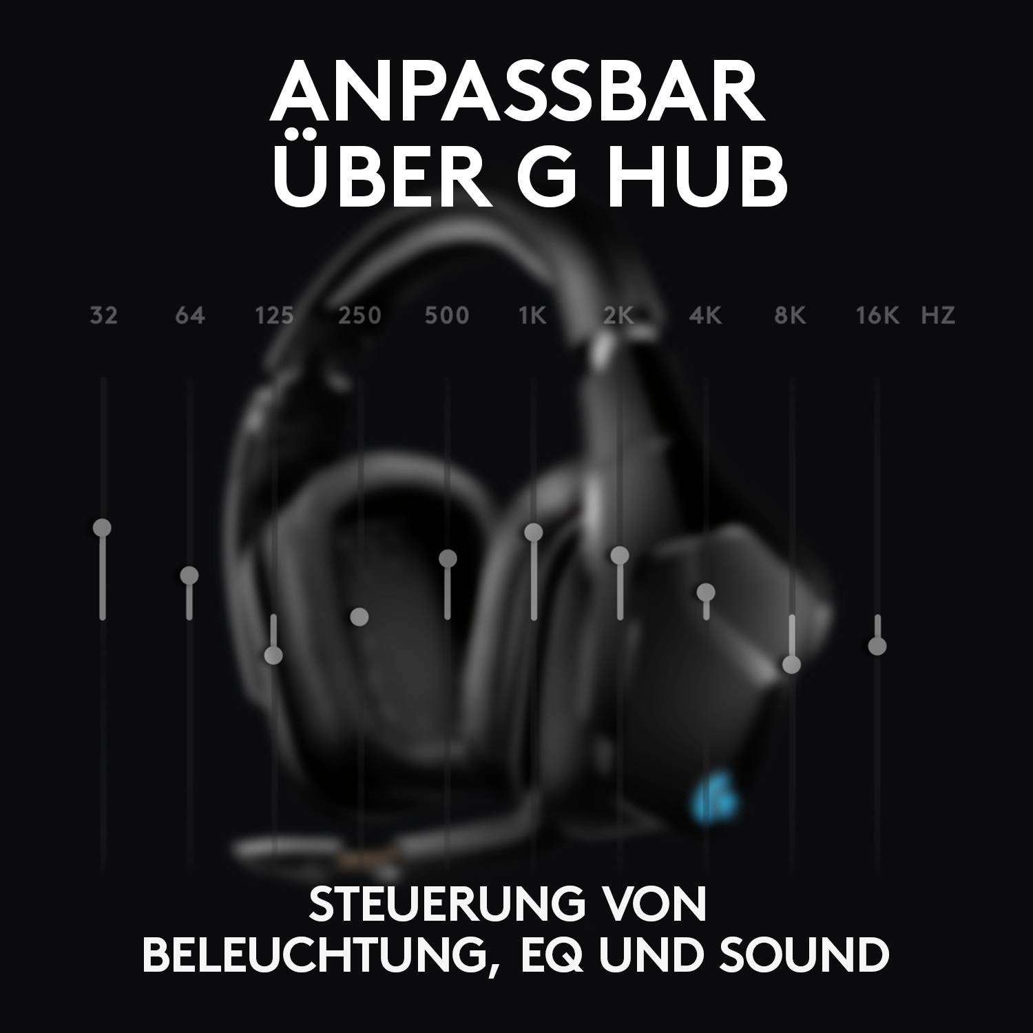 Schwarzer Gaming-Kopfhörer mit Steuerung von Beleuchtung, EQ und Sound über G Hub. Übersicht der Frequenzeinstellungen in Hertz.