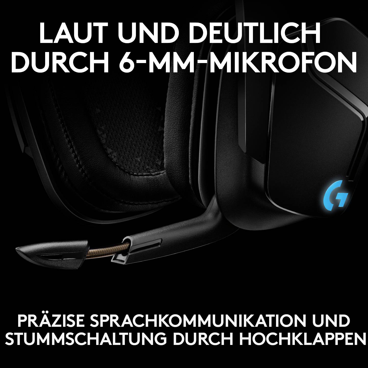 Schwarzes Gaming-Headset mit Mikrofon. Text oben: Laut und deutlich durch 6-mm-Mikrofon. Text unten: Präzise Sprachkommunikation und Stummschaltung durch Hochklappen.