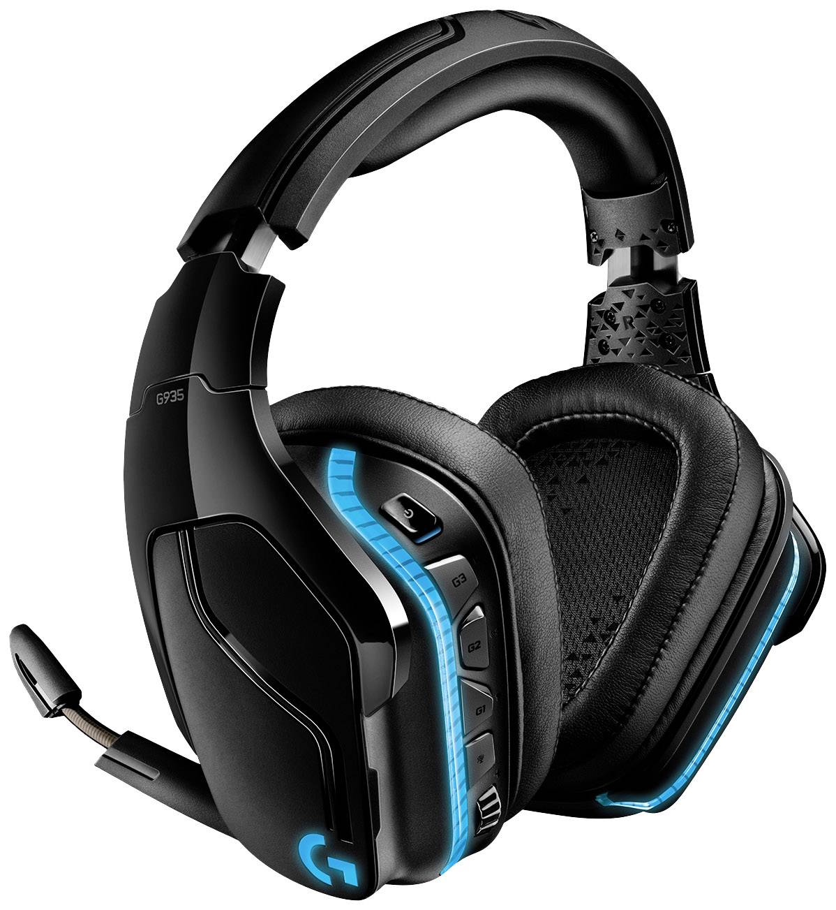 Ein schwarzes Gaming-Headset mit blauen Details und Mikrofon, gepolsterte Ohrmuscheln, geeignet für komfortables und intensives Spielen.
