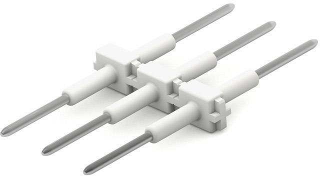 Vier weiße, parallel angeordnete Steckkontakte in einem Kunststoffgehäuse, die als elektrische Verbindungselemente dienen.