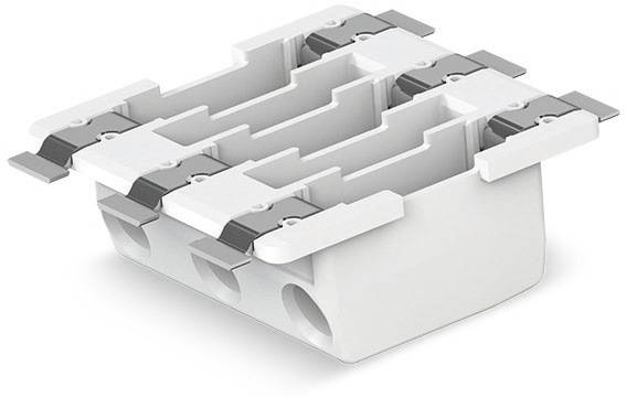 Weiße elektrische Verbindungsbox mit mehreren Anschlüssen und Metallklammern zur Befestigung in Wänden oder Decken.
