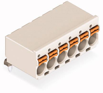 Ein sechspoliger Steckverbinder in rechteckiger Form mit Orange-Hebelmechanismus, genutzt zum Verbinden elektrischer Leitungen.