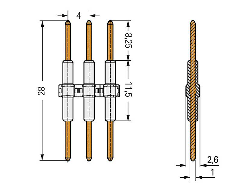 Technische Zeichnung eines dreipoligen Steckverbinders mit Maßen: Höhe 28 mm, Breite 4 mm, Stiftdurchmesser 1 mm, Abstand 2,6 mm.
