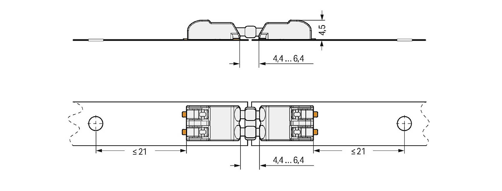 Technische Zeichnung eines verdeckten Scharniers mit Maßen: Breite 44...64 mm, Tiefe 4,5 mm, seitlicher Abstand ≤21 mm.