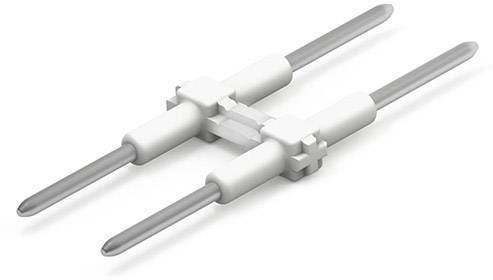 Ein Metallstecker mit zwei parallelen, stiftförmigen Kontakten zeigt auf beiden Seiten nach außen.