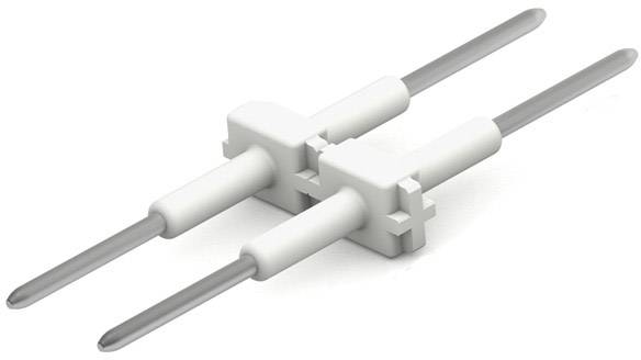 Zwei weiße, parallele Dübel mit spitzen Enden und zylinderförmigen Schäften, die für Wandbefestigungen verwendet werden.