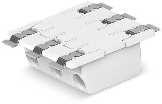 Ein weißer, rechteckiger Verbindungsstecker mit Metallklammern für elektrische Drähte auf einer grauen Oberfläche.