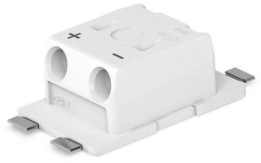 Ein weißer elektrischer Anschluss mit zwei Eingängen, Plus- und Minuszeichen und Metallklammern an den Seiten zur Befestigung.