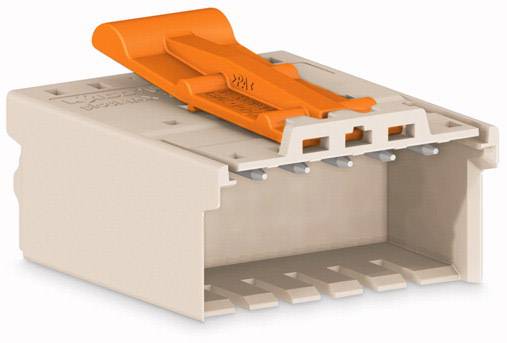 Ein weißer Kunststoff-Steckverbinder mit orangefarbenem Hebel zur Kabelbefestigung, verwendet in elektrischen Installationen.