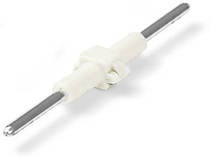 Ein metallischer Stab mit weißer Kunststoffhülle, an jedem Ende verdickt. Möglicherweise ein Bestandteil eines Mechanismus oder Werkzeugs.