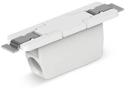 Ein weißes, rechteckiges Kunststoffgehäuse mit zwei grauen Klemmen auf der Oberseite, vermutlich Teil eines Montagesystems.
