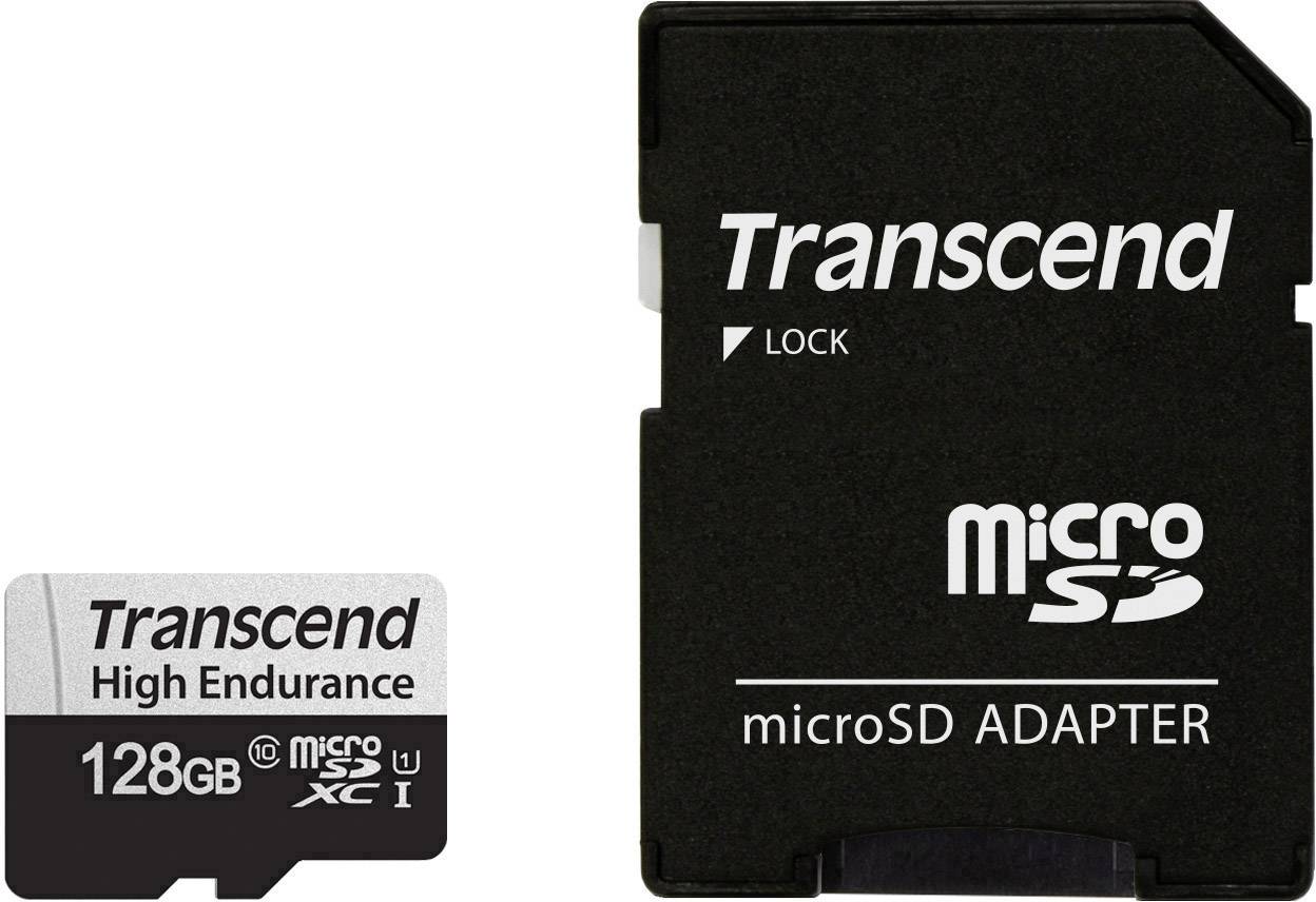 'Transcend High Endurance 128GB microSD' Speicherkarte mit SD-Adapter daneben. Ideal für hochauflösende Videoaufnahmen und Überwachung.