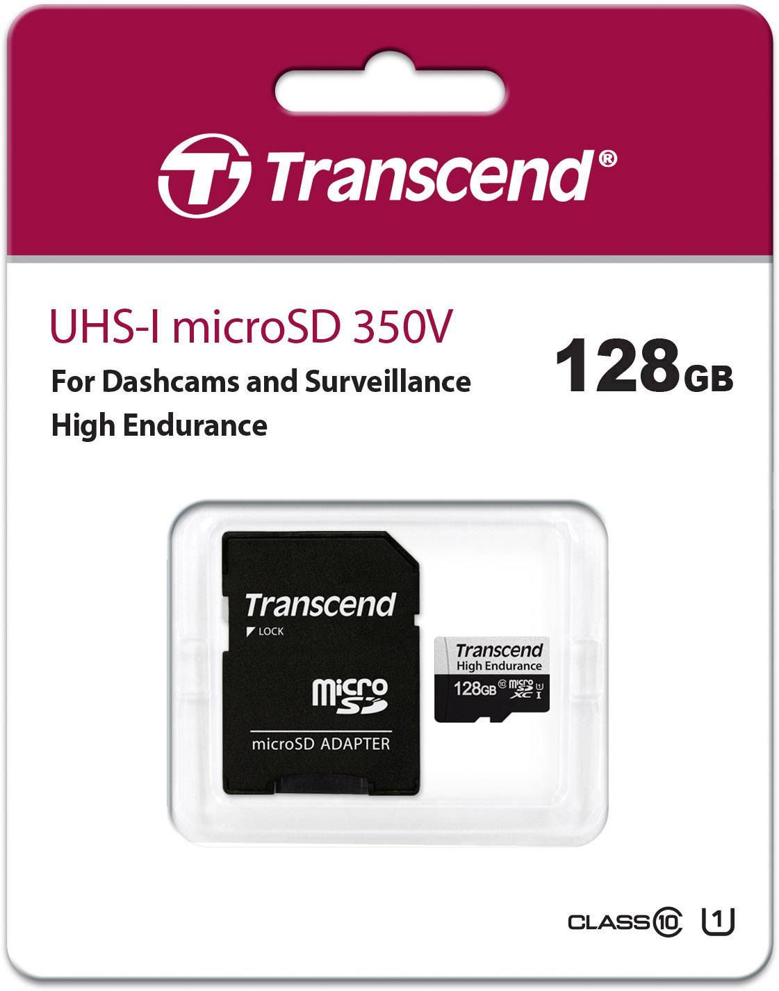 Verpackung einer Transcend UHS-I microSD-Karte mit 128 GB, geeignet für Dashcams und Überwachung, mit microSD-Adapter.