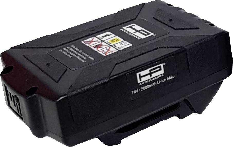 Ein schwarzer Akku mit der Aufschrift 'Lithium-Ionen', '18V - 2000mAh'. Er ist für elektrische Werkzeuge konzipiert.