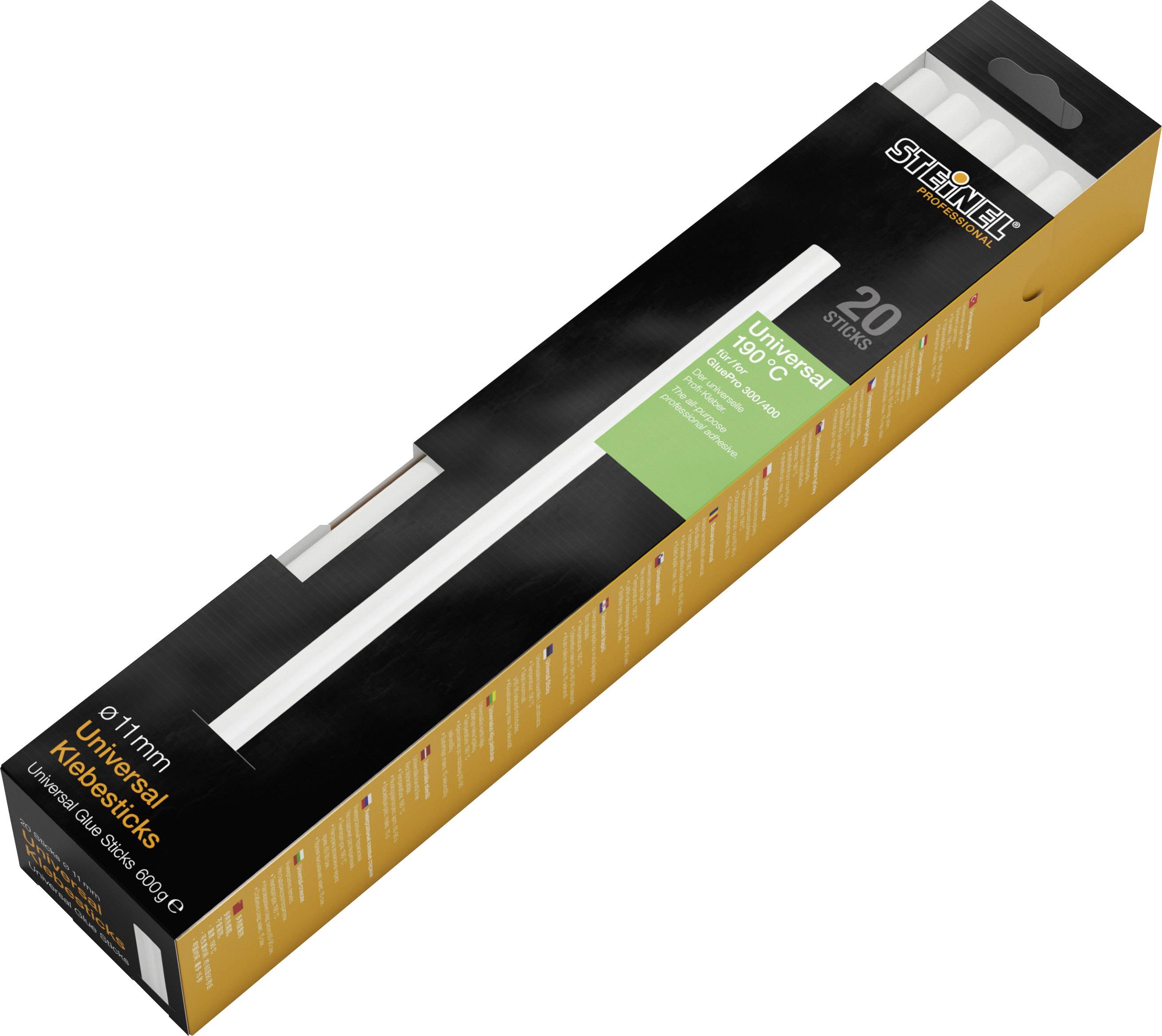 Verpackung von weißen Kilopack Universal-Klebesticks, 20 Stück, geeignet für viele Materialien, Größe 11 mm, hitzebeständig.