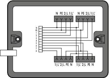 Diagramm eines elektrischen Schaltplans mit mehreren Anschlussklemmen, beschriftet mit 'N', 'PE', 'L1', 'L2', zeigt Verbindungen.