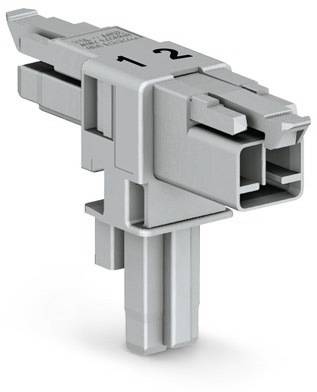 Grauer, T-förmiger Kunststoffstecker mit den Nummern '1' und '2' oben, zeigt Kontaktstifte und Steckverbindungen.