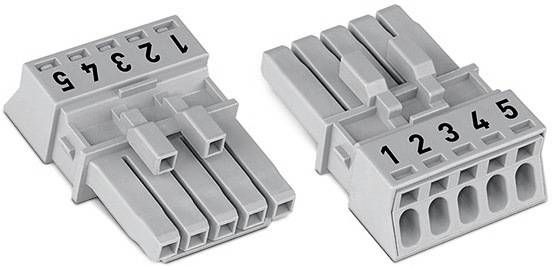Graue Kunststoffstecker mit nummerierten Anschlüssen von 1 bis 6, die miteinander verbunden werden können.