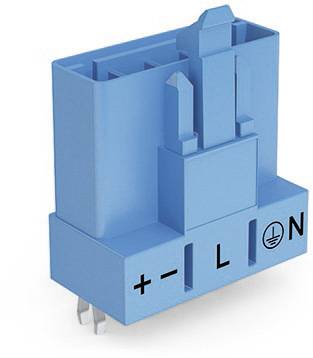 Blauer elektrischer Steckverbinder mit Plus-, Minus-, L- (Live) und N- (Neutral) Markierungen, drei Metallstifte unten.